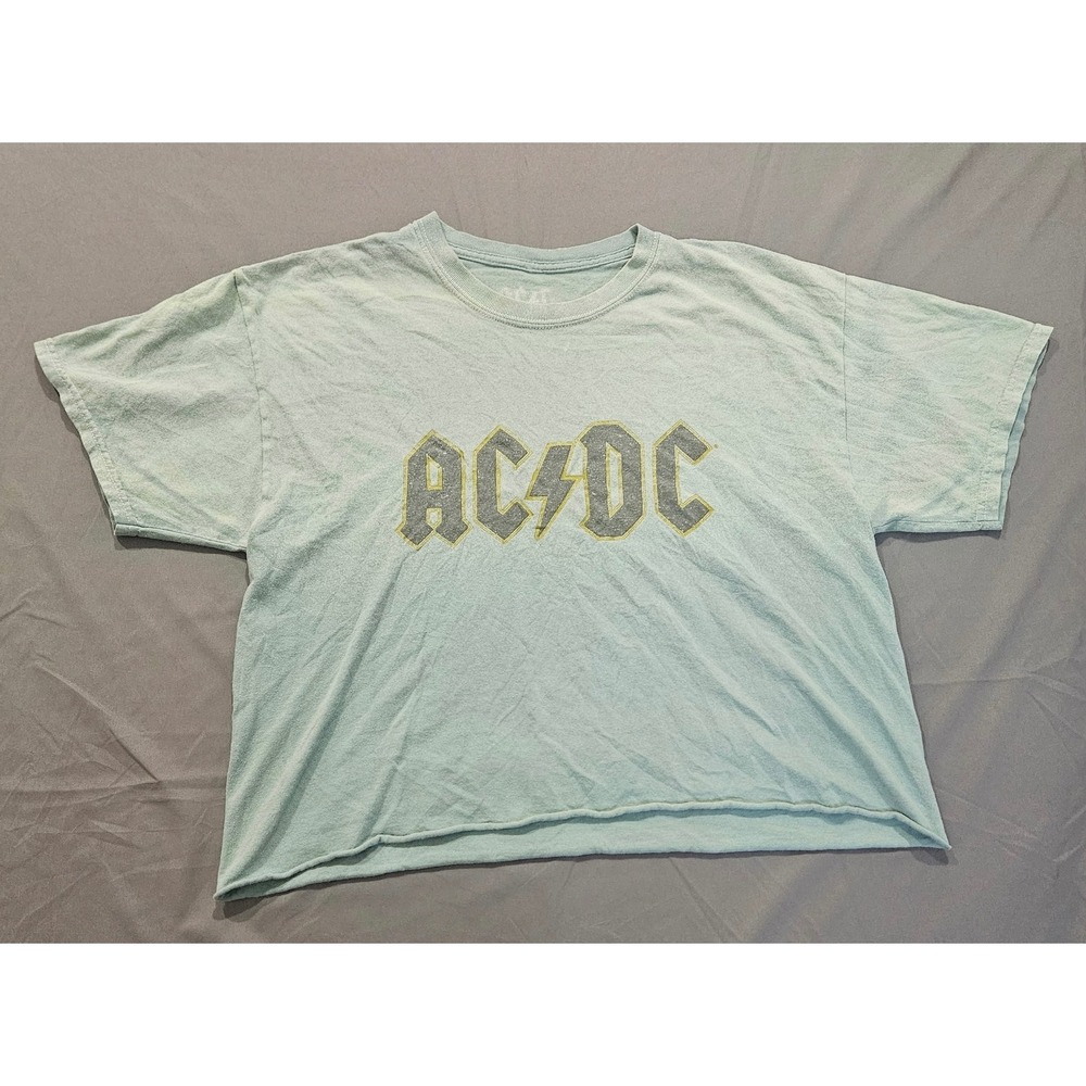 AC/DC Graphic T-Shirt Womens Medium Mint Green Cropped Raw Hem Boxy
